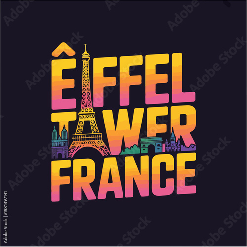 Eiffel Tower France Typography Illustration with Travel Elements