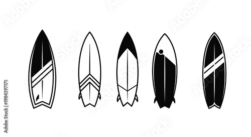 Five surfboard designs displayed in a minimalist black silhouette