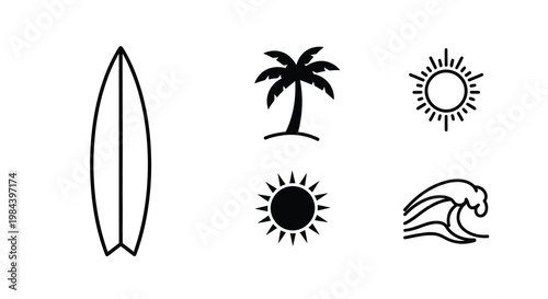 Tropical beach icons with surfboard palm tree and sun a silhouette
