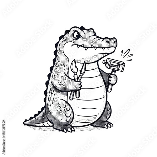 Crocodile holding a shaving kit.