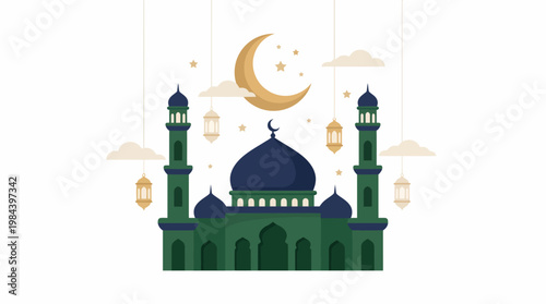 A serene nighttime scene of a mosque under a crescent moon with lanterns.