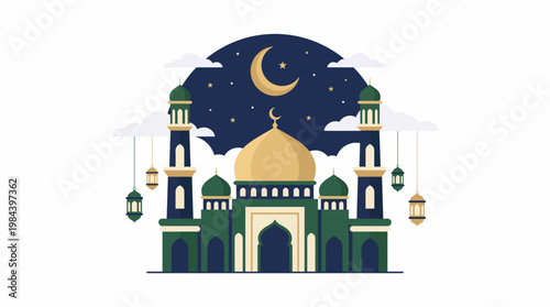 A serene nighttime scene depicts a majestic mosque under a crescent moon.