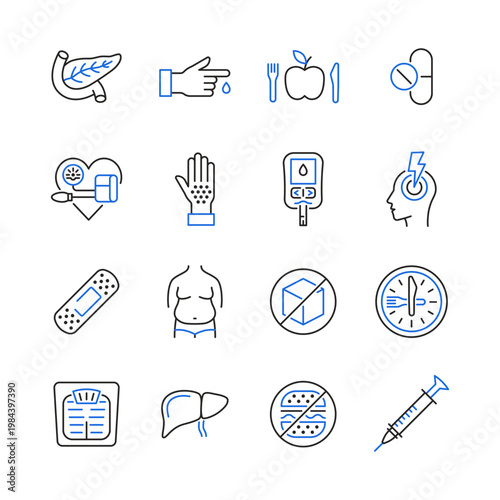 Diabetes prevention and treatment  line icon set.  Color symbol of diet, weight control, obesity, liver, pancreas, glucometer, pressure blood monitor, headache. Vector illustration.