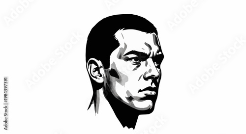 Stark, high-contrast black and white portrait of a young man's head