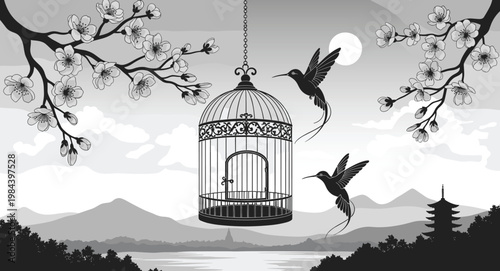 Elegant monochrome landscape with hanging birdcage, flying hummingbirds and blooming branches, serene Asian scenery vector illustration background
