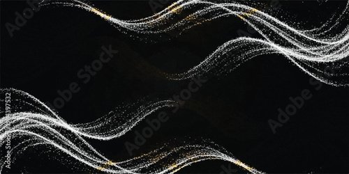 Abstract swirling white glitter waves on black background with abstract background particle celebration decoration illumination isolated radiance streamer template