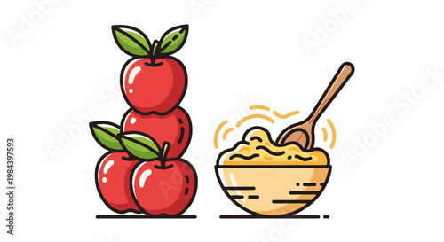Stylized stack of red apples next to a bowl of oatmeal with a spoon