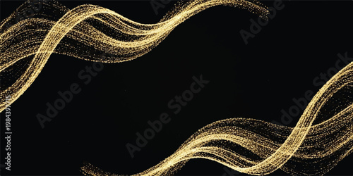 Golden glitter waves flowing on black abstract background with abstract background particle celebration decoration illumination isolated radiance streamer template