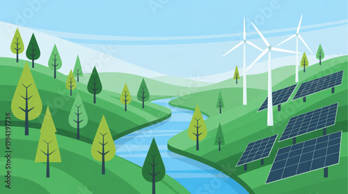 Renewable energy, sustainable landscape, solar panels, wind turbines, eco friendly