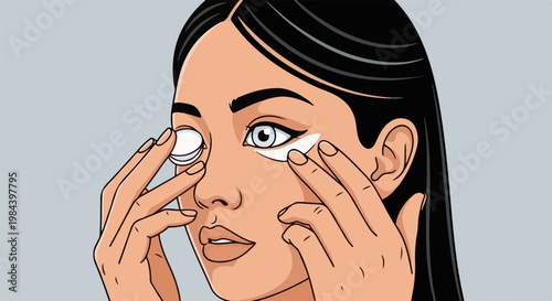 Person applying eye cream with fingertips and placing a contact lens