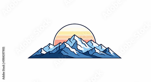 Stylized mountain range with a striped sunset behind it