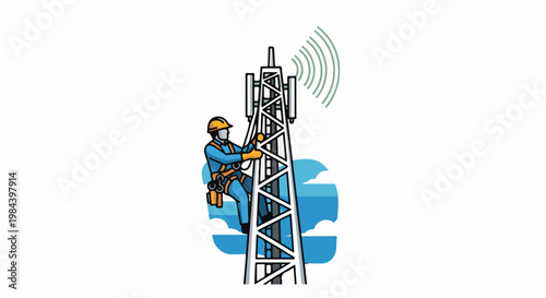 Person working on communications tower, broadcasting signals