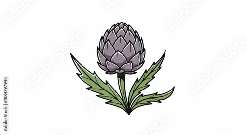 A stylized drawing of a single purple artichoke with green leaves