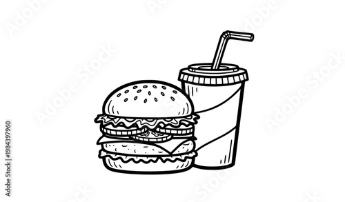 Burger and soda doodle vector illustration black and white fast food hand drawn icon