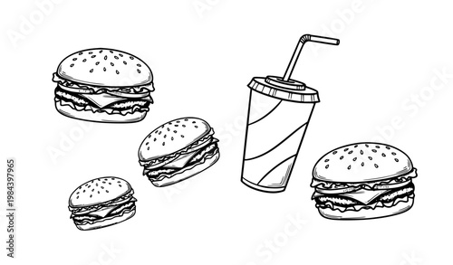 Hand drawn burger and soda doodle vector black and white fast food sketch illustration