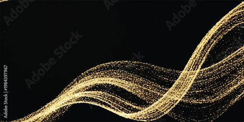 Golden wave of glitter particles on black background with particles background abstract celebration decoration illumination isolated radiance streamer template