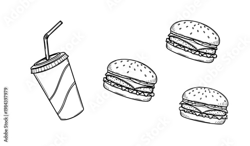 Hand drawn burger and soda doodle vector black and white fast food sketch illustration