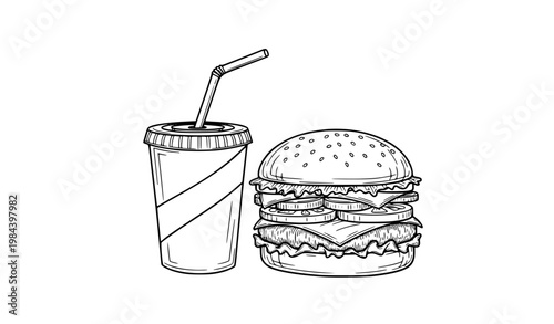 Black and white burger and soda doodle illustration minimal hand drawn fast food vector