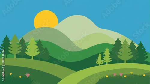Nature landscape, green hills, sunny scenery, vector illustration, environmental background