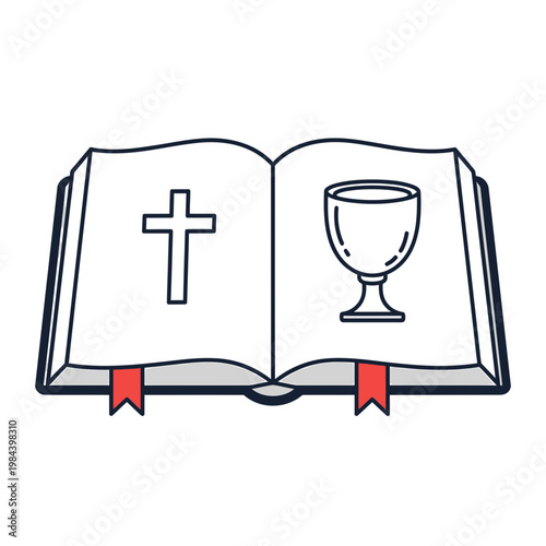 Open Holy Bible Illustration with Cross and Communion Chalice