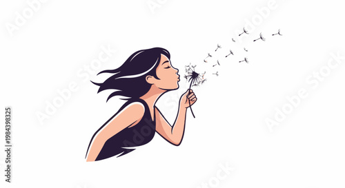 Woman blowing dandelion seeds, wind carrying wishes