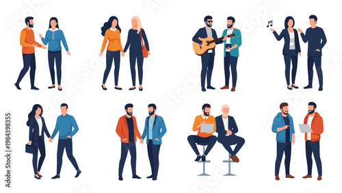 Set of diverse couples and partners having conversations and interacting in different social and work settings.