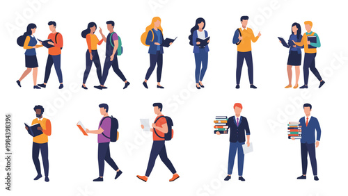 Group of diverse college students walking together while carrying books and notebooks on a plain background.