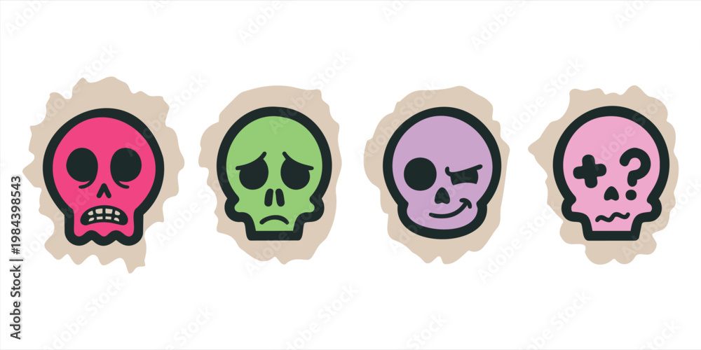 Fototapeta premium Cartoon skull stickers with facial expressions, set of 4 colorful skull emojis on torn paper, punk rock aesthetic vector icons for street wear