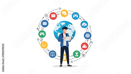 Global digital communication concept with a man using a tablet surrounded by a ring of social media icons.