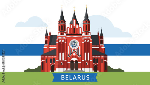 Red neo gothic church building in Belarus known as the Church of Saints Simon and Helena on a green lawn.