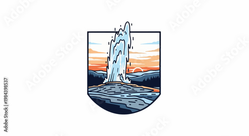 Stylized geyser erupting at sunset with mountains and trees