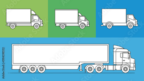 Set of line art illustrations of various commercial delivery vehicles including cargo vans and a semi truck.
