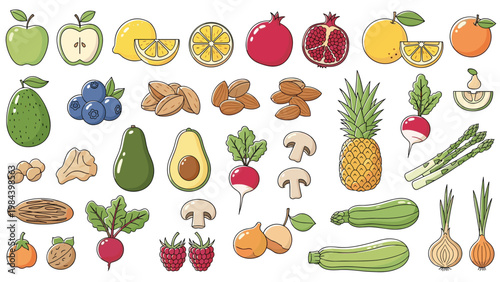 Collection of colorful hand drawn fruits and vegetables including apples, lemons, radishes, and avocados.