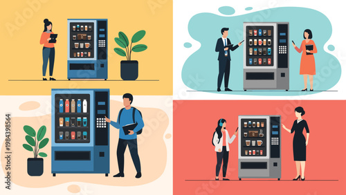Set of four scenes showing office employees using automated vending machines for coffee, snacks, and drinks.