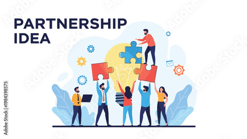 Business professionals collaborating to assemble lightbulb puzzle pieces symbolizing successful partnership and innovative ideas in corporate environment.