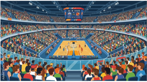 Crowded Basketball Arena with Players and Spectators Flat Illustration
