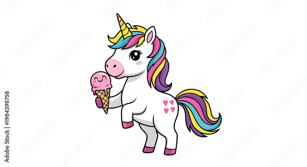 Fototapeta premium Cute cartoon unicorn with a rainbow mane and tail holding a pink ice cream cone with a smiling face for kids party.