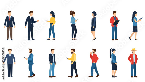 Diverse group of men and women in various business and casual attire standing in different poses and using mobile devices in two organized rows.