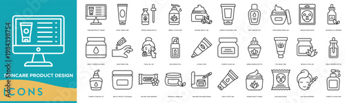 Skincare Product Design Icon set. Facial Cream Tube, Organic Serum Bottle, Herbal Lotion Pump, Natural Beauty Jar, Cosmetic Packaging Tube, Skin Toner Bottle and Moisturizing Cream Jar