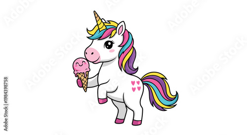 Cute cartoon unicorn with a rainbow mane and tail holding a pink ice cream cone with a smiling face for kids party.