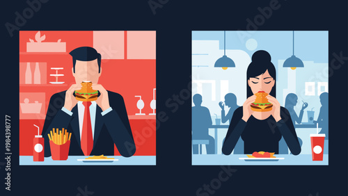 Two separate scenes showing a professional man in a suit and a young woman enjoying large burgers and fries in different modern restaurant settings.
