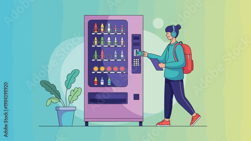 Young woman with a backpack and headphones using a credit card to purchase a drink from a large colorful vending machine in a modern public space.