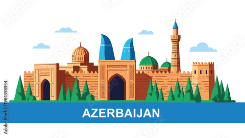Colorful skyline illustration of Azerbaijan featuring a mix of traditional historic architecture with modern iconic skyscrapers and lush green trees.