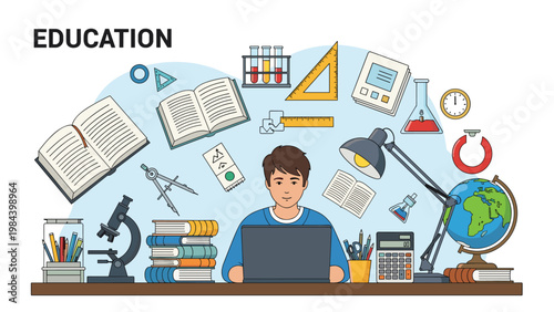 Student sitting at desk with laptop surrounded by various educational school supplies for online learning and academic research.