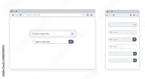 User interface mockups of a web browser window displaying a search bar and address bar with dropdown suggestions