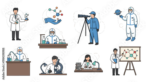 Collection of diverse scientists and laboratory workers performing research and experiments using various scientific equipment.