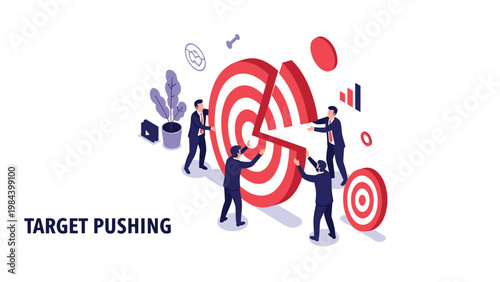 Business team working together to assemble pieces of giant red target representing collaborative goal setting and strategic success.