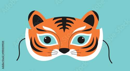 Colorful tiger animal mask for children with orange fur black stripes and bright blue eyes on a turquoise background.