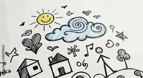 Hand drawn doodle icons, whimsical illustrations, house, cloud, sun, music notes, abstract symbols