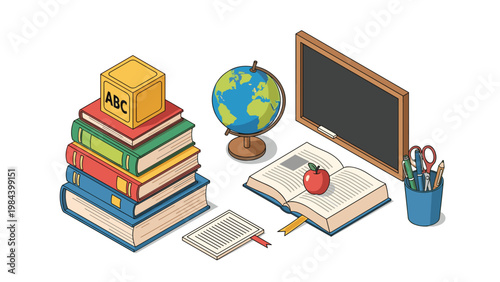 High angle view of various school education supplies including stack of books globe blackboard and notebook on white surface.